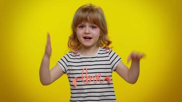 Frustrated child kid girl raising hands in indignant expression asking why, what reason of failure video