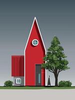Simple red house 3D illustration. Traditional house exterior in minimal style with green tree. Architecture schematic design concept for construction. illustration. vector