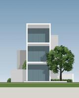 Abstract 3D building. house exterior in minimal style with green tree. Architecture schematic design concept for construction. illustration. vector
