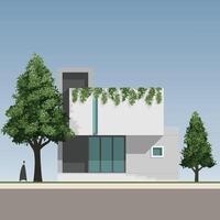Modern house 3D illustration. house exterior in minimal style with green tree. Architecture schematic design concept for construction. vector
