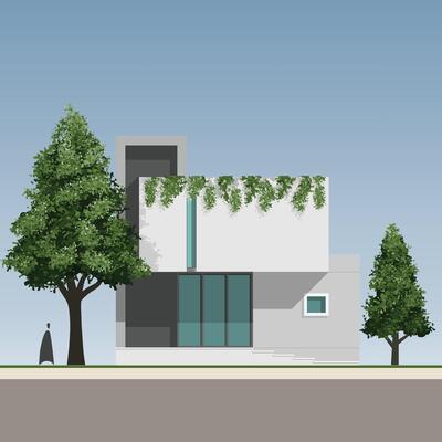 Modern house 3D illustration. house exterior in minimal style with green tree. Architecture schematic design concept for construction.
