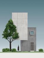 Modern house 3D illustration. house exterior in minimal style with green tree. Architecture schematic design concept. vector