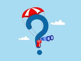 businessman with huge question mark look through binoculars to search for new business idea new business opportunity seek for success concept vector