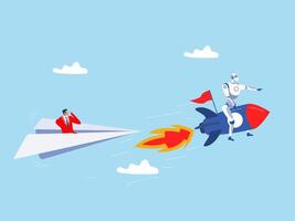 Artificial Intelligence robot right direction riding fast rocket to win against other origami airplane.Leadership to win business competition, winner or competitive advantage to success in work vector