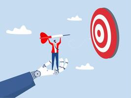 Target achievement,Giant Hand robot support with businessman leader holding dart standing from rising graph arrow and focus to bullseye target to win in business strategy vector