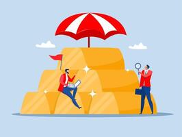 Gold investment concept,businessman success wealth manager, trader or rich investor sitting on stack of gold bar bullion,wealth management and asset allocation concept vector