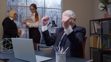 Senior old business man shout with aggressive emotion after unsuccessful online deal with client video