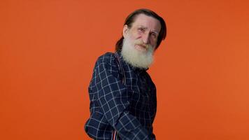 Elderly senior bearded man showing inviting gesture with hands, ask to join, beckoning to coming video