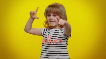 Child girl showing loser gesture and pointing on you, blaming accusing for unsuccess, bullying abuse video