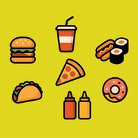 Fast food icons set on yellow background vector
