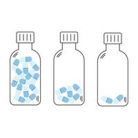 Set of three outlined medicine bottles filled with blue capsules in different quantities vector