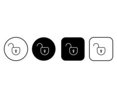 Set of outline opened padlock icons. Security symbols buttons. Editable stroke vector