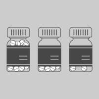 Simple illustration of three medical bottles containing pills, arranged in a row on a gray background vector