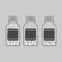 Minimalistic drawing of three pill containers, each with different quantities of tablets inside vector