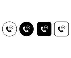Icons set for 24 per 7 customer support with phone and clock symbols. Minimalistic black and white buttons vector