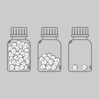 Collection of linear pill bottles filled with capsules, arranged in increasing and decreasing quantities vector