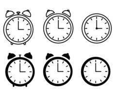 Set of different alarm clock icons. Black and white outline icons of alarm clock vector
