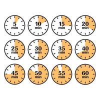 Countdown timer with minutes. Set of stopwatch icons with 5 minutes gap from 5 to 60 min vector