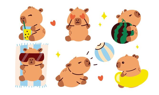 Set of cute summer capybaras in various poses and items. Hand drawn cartoon flat style. Grainy textured effect. Vacation seasonal template for design, kids collection .