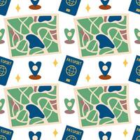 Seamless pattern with touristic stuff like passport plane and map. Endless texture about travel and tourism. Colored flat illustration isolated on white background vector