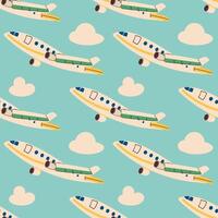Hand Drawn Flying Airplanes Seamless Pattern Design on blue Background. Retro Vintage Style Plane Texture Background. Soaring Aerial Airship Vehicle Flying for Arrival Landing. Planes Texture. vector