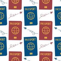 Seamless pattern with touristic stuff like passport plane and map. Endless texture about travel and tourism. Colored flat illustration isolated vector