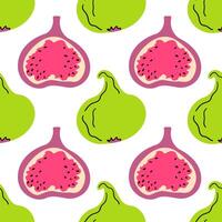 Seamless pattern of whole figs cut in half, fruit quarters and leaves. pattern on a white background. vector