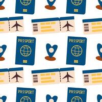 Seamless pattern with touristic stuff like passport plane and ticket . Endless texture about travel and tourism. Colored flat illustration isolated on white background vector