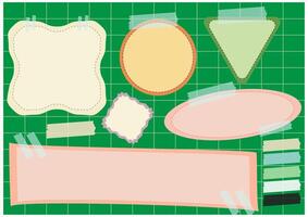 Shape and Form An artistic arrangement of paper elements, secured with tape, set against a green backdrop, offering an opportunity to insert customized messages, quotes, or information. vector