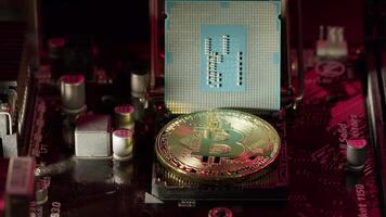Bitcoin BTC, CPU central processor on digital technology computer motherboard crypto currency mining video