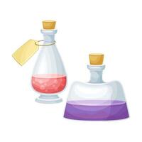 Magic bottles with potion. Containers with magical elixir cartoon illustration vector