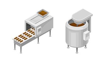 Chocolate production equipment set. Automated machinery line with sweets and melting chocolate illustration vector