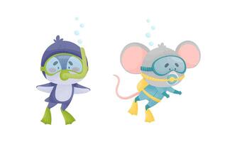 Funny Animal Character Snorkeling and Swimming Underwater in Goggles and Flippers Set. Cute Mammal Floating Undersea Exploring Ocean Bottom Concept vector