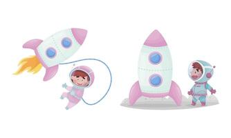 Little Kid Astronaut Wearing Spacesuit Exploring the Moon with Rocket Set vector