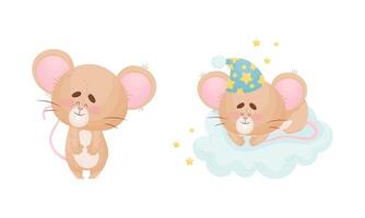 Cute Mouse Character as Small Rodent Sleeping on Soft Cloud in Night Cap and Standing Set vector