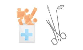 Set of different medical tools. Medical patch, scissors, scraper illustration vector