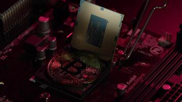Bitcoin BTC, CPU central processor on digital technology computer motherboard cryptocurrency mining video