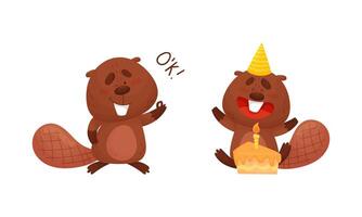 Funny Beaver Character with Flat Tail Celebrating Birthday with Cake and Showing Ok Gesture Set vector