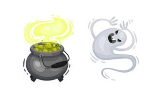 Ghost and Boiling Cauldron with Potion as Halloween Symbol Set vector