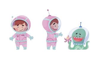 Little Girl Astronaut Wearing Spacesuit Exploring the Moon Talking to Octopus Set vector