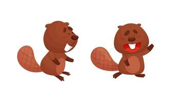 Funny Beaver Character with Flat Tail Waving Paw and Smiling Set vector
