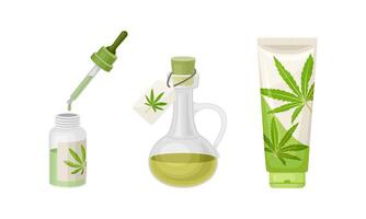 Cannabis Oil in Jar with Label and Cream in Tube Set vector