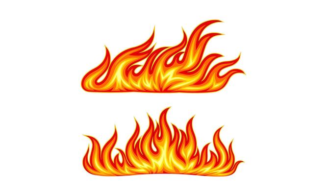 Set of burning bright red and orange fire flames illustration on white background