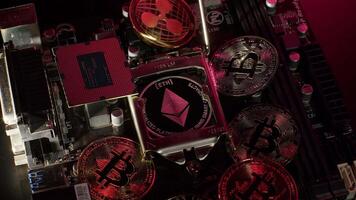Bitcoin BTC, Ripple, Ethereum, CPU central processor on digital pc motherboard cryptocurrency mining video