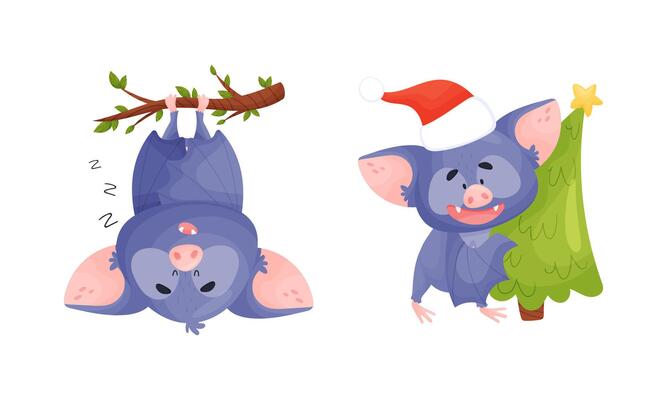 Funny Purple Bat Character Hanging Upside Down on Tree Branch and Carrying Fir Tree Set