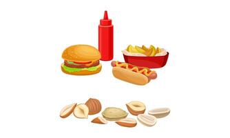 Fast Food with Hamburger and Hot Dog and Pile of Nuts as Healthy and Harmful Food Set vector