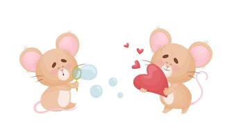 Cute Mouse Character as Small Rodent Blowing Bubbles and Holding Red Heart Set vector