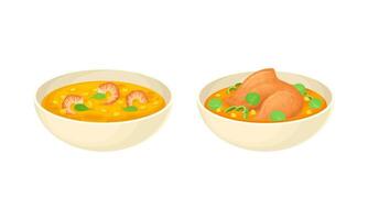 Served on Plate Dish with Chicken Broth and Vegetable Corn Soup with Shrimp Set vector