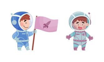 Little Boy Astronaut Wearing Spacesuit Exploring the Moon with Flag Set vector