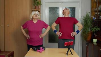 Grandmother grandfather doing healthy lifestyle workout, training, fitness, sport activity at home video